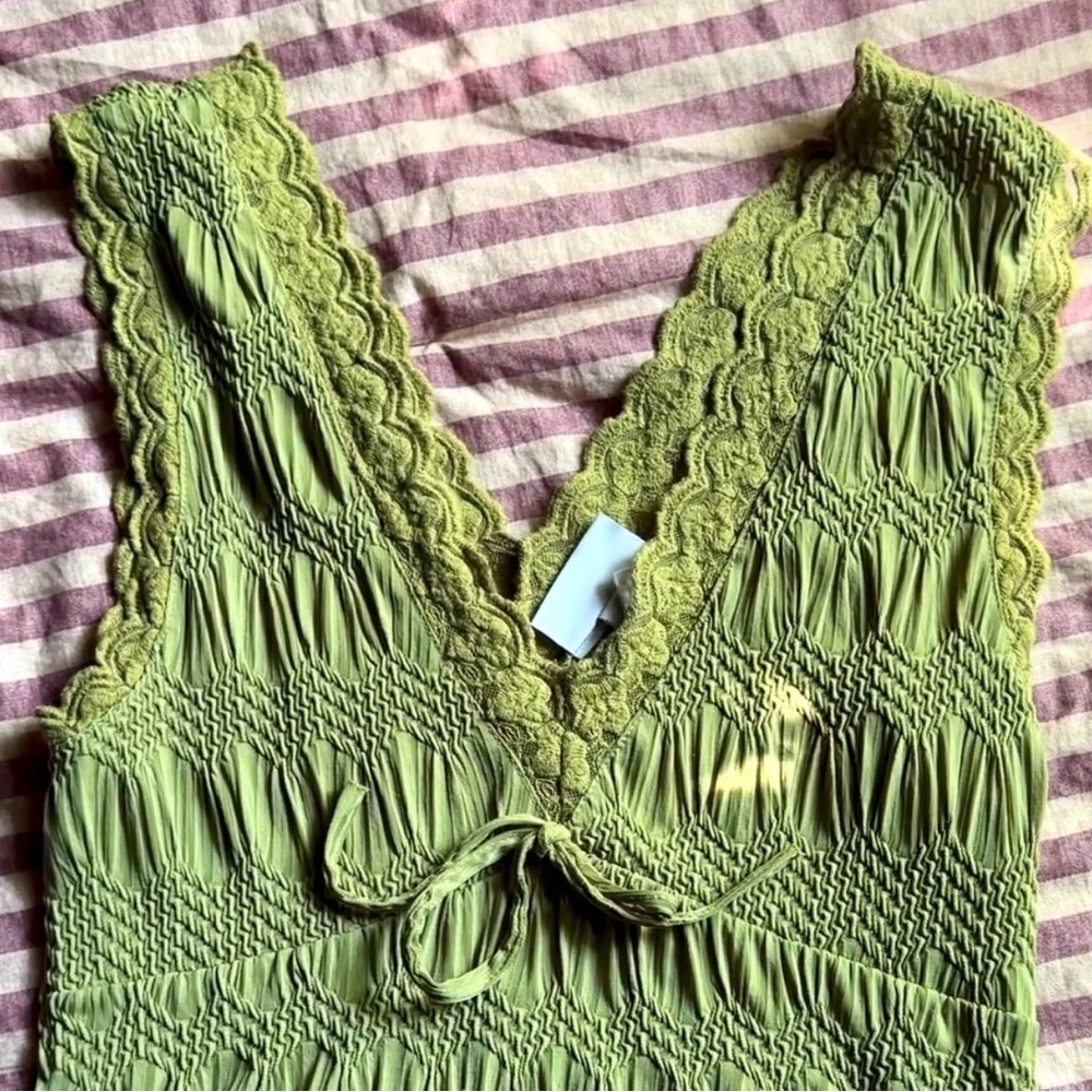 Smocked Lace-Trim V-Neck Camisole in Olive Green